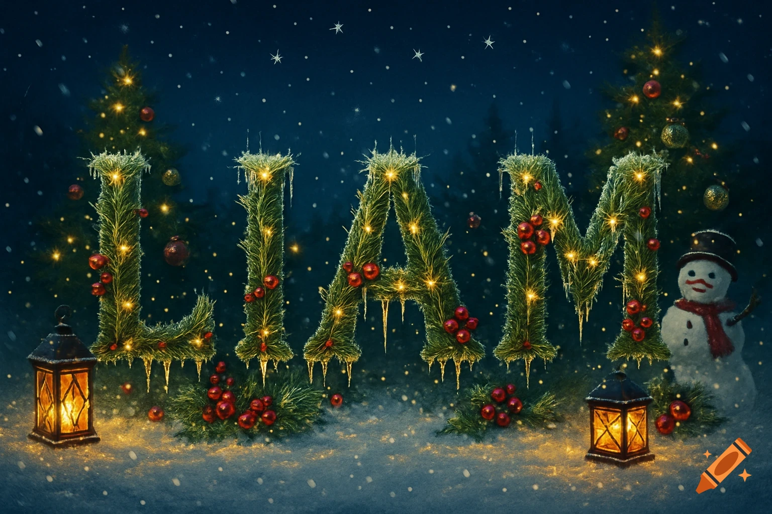 Decorative green letters spelling 'LIAM' with lights, berries, and icicles in a snowy Christmas scene with trees, lanterns, and a snowman.
