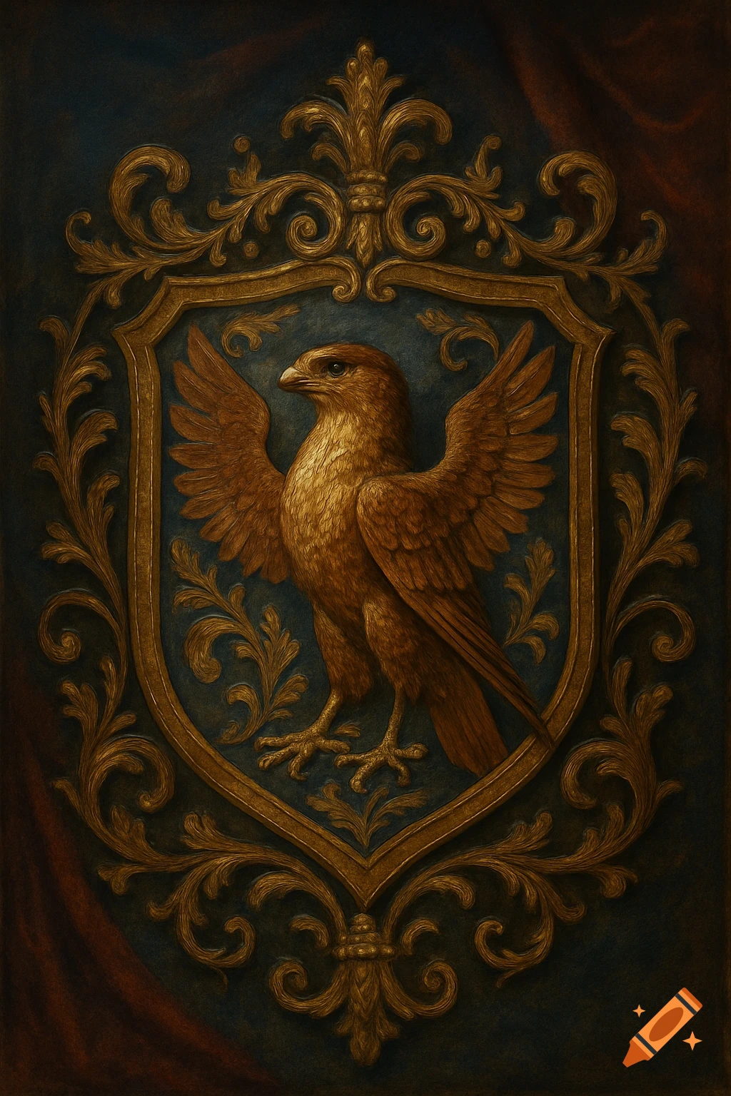 An ornate golden shield featuring a majestic golden eagle-like bird with spread wings, set on a dark blue background.