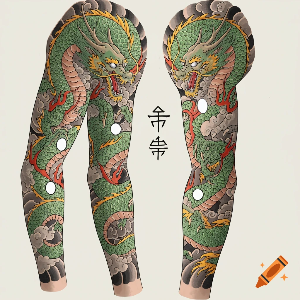 Full arm tattoo sleeve design with green Chinese dragons, clouds, and white placeholders, featuring two 'emperor' characters.