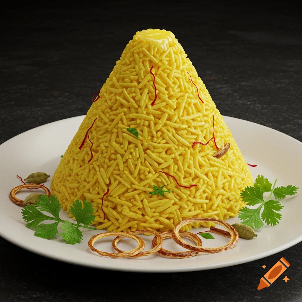A photorealistic pyramid of yellow ghee rice, garnished with saffron, herbs, and onion rings, on a white plate.