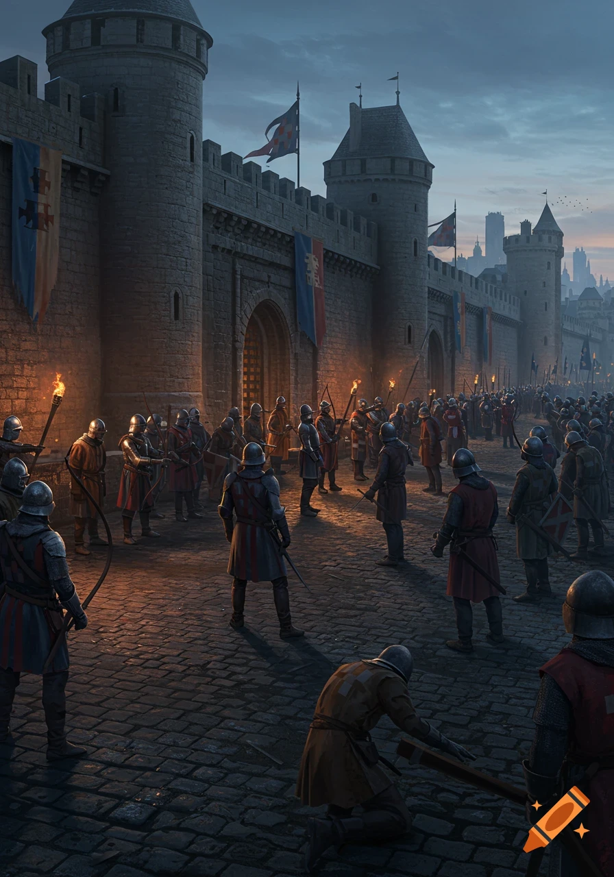 Medieval soldiers with torches stand on a cobbled street before a grand stone castle at dusk, photorealistic.