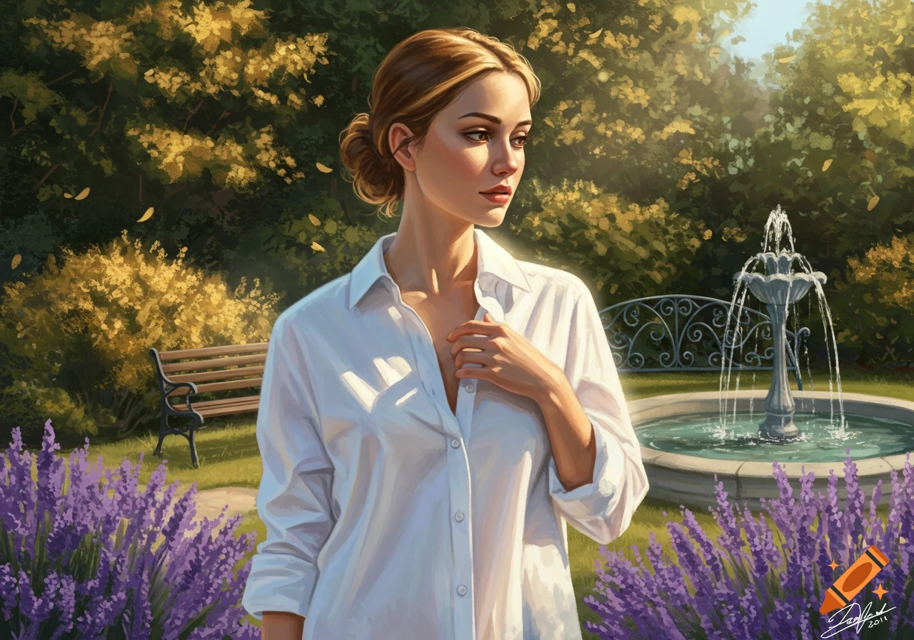 A beautiful woman in a white shirt stands in a sunlit garden with purple lavender and a fountain, in a digital painting style.