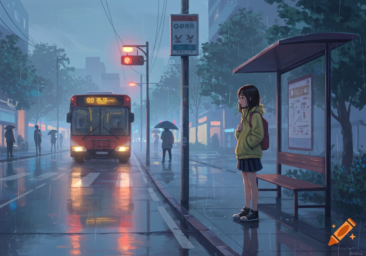 An anime girl with a backpack stands at a bus stop in the rain, watching a red city bus approach in a wet, reflective street at dusk.