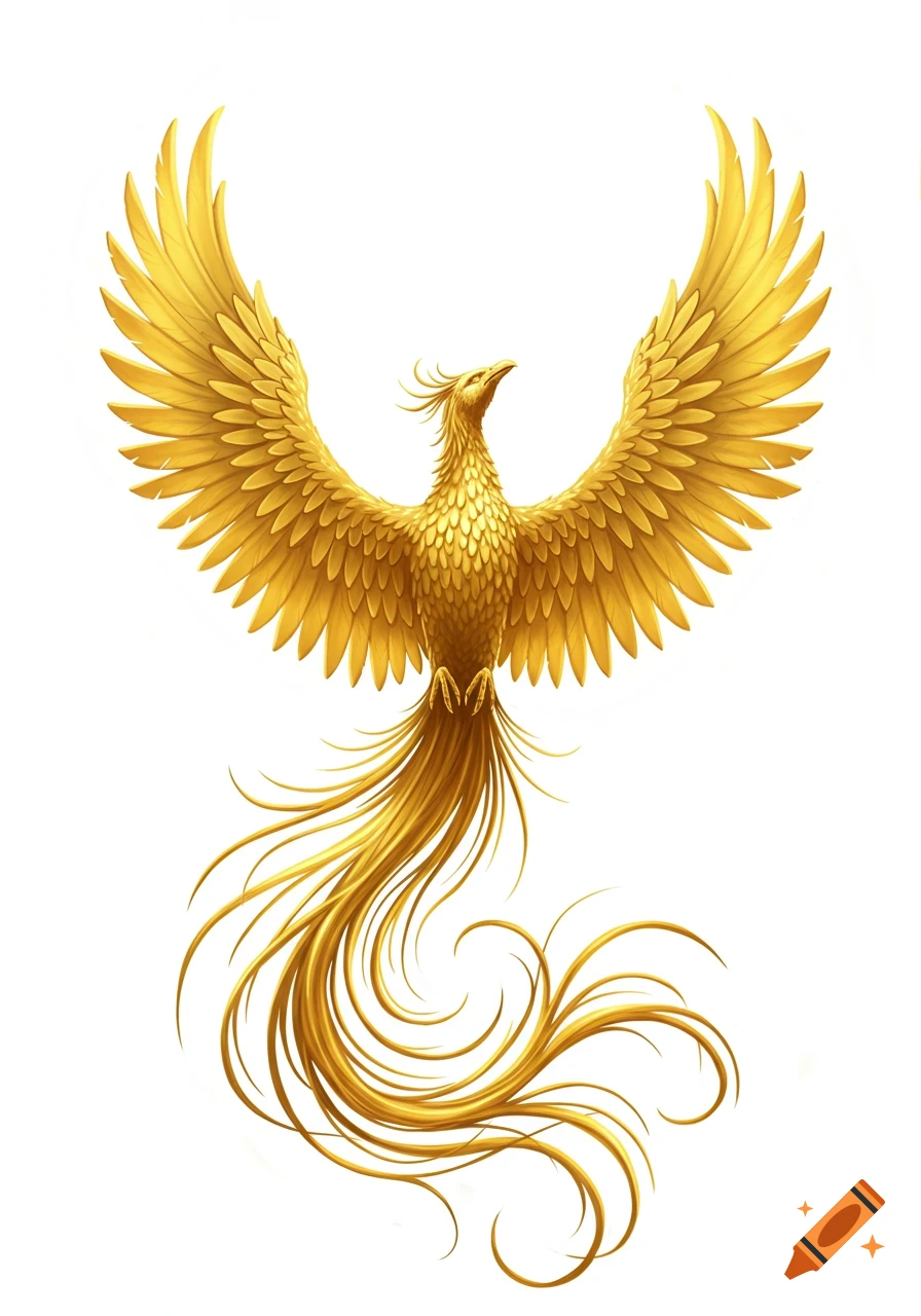 A majestic golden phoenix with detailed feathers, wings spread wide, and a long, flowing tail, on a pure white background.