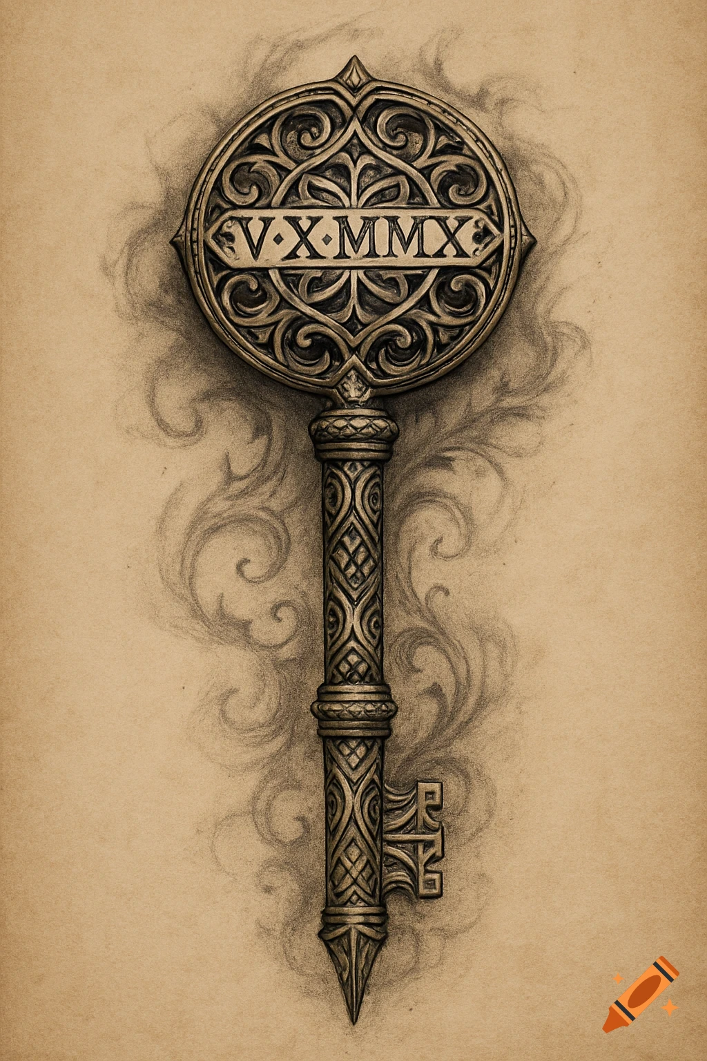 A detailed drawing of an ornate skeleton key with "V-X-MMX" inscribed, against a sepia-toned background with charcoal-like swirls.