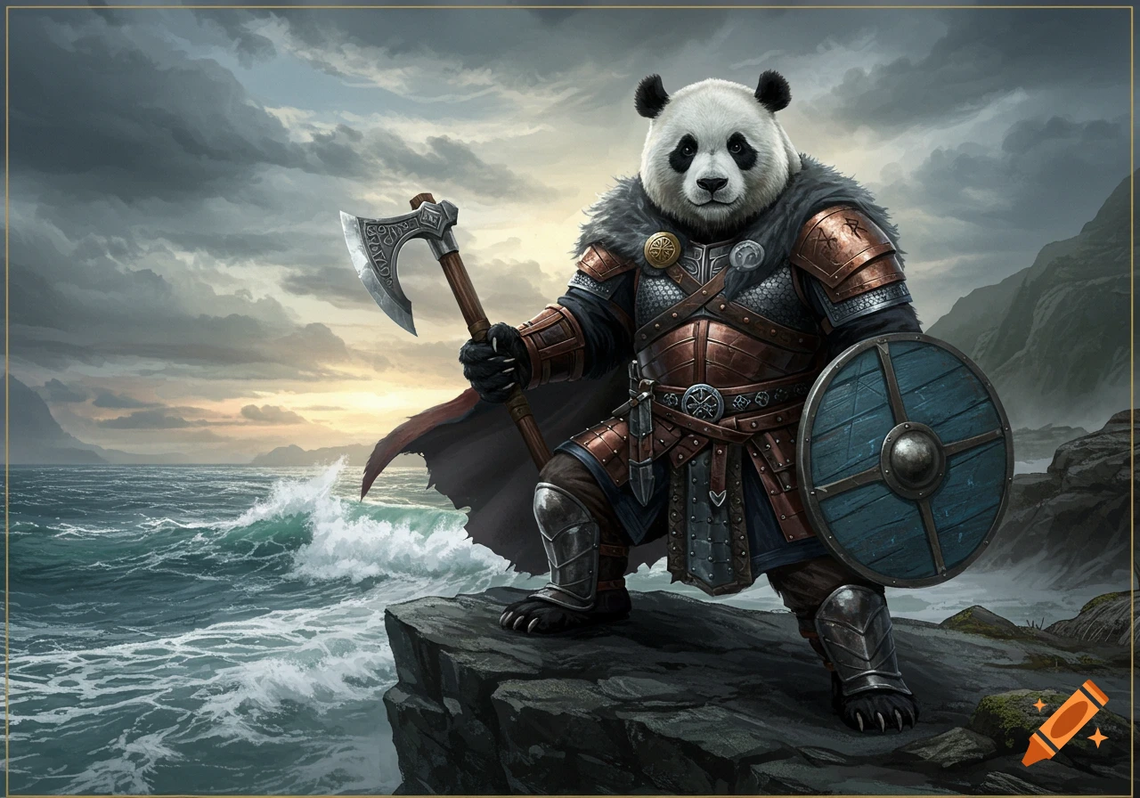 A majestic panda bear Viking warrior stands on a cliff overlooking a stormy sea, holding a battle axe and a wooden shield with a metal boss. The sky is cloudy with a hint of sunset on the horizon.