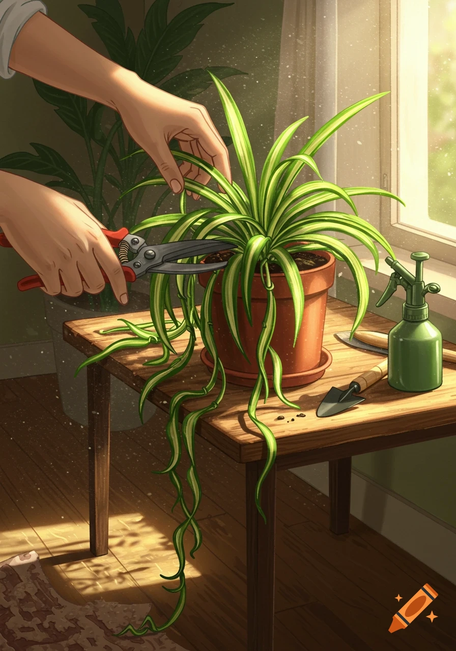 Close-up illustration of hands pruning a spider plant on a wooden table with gardening tools near a sunlit window.