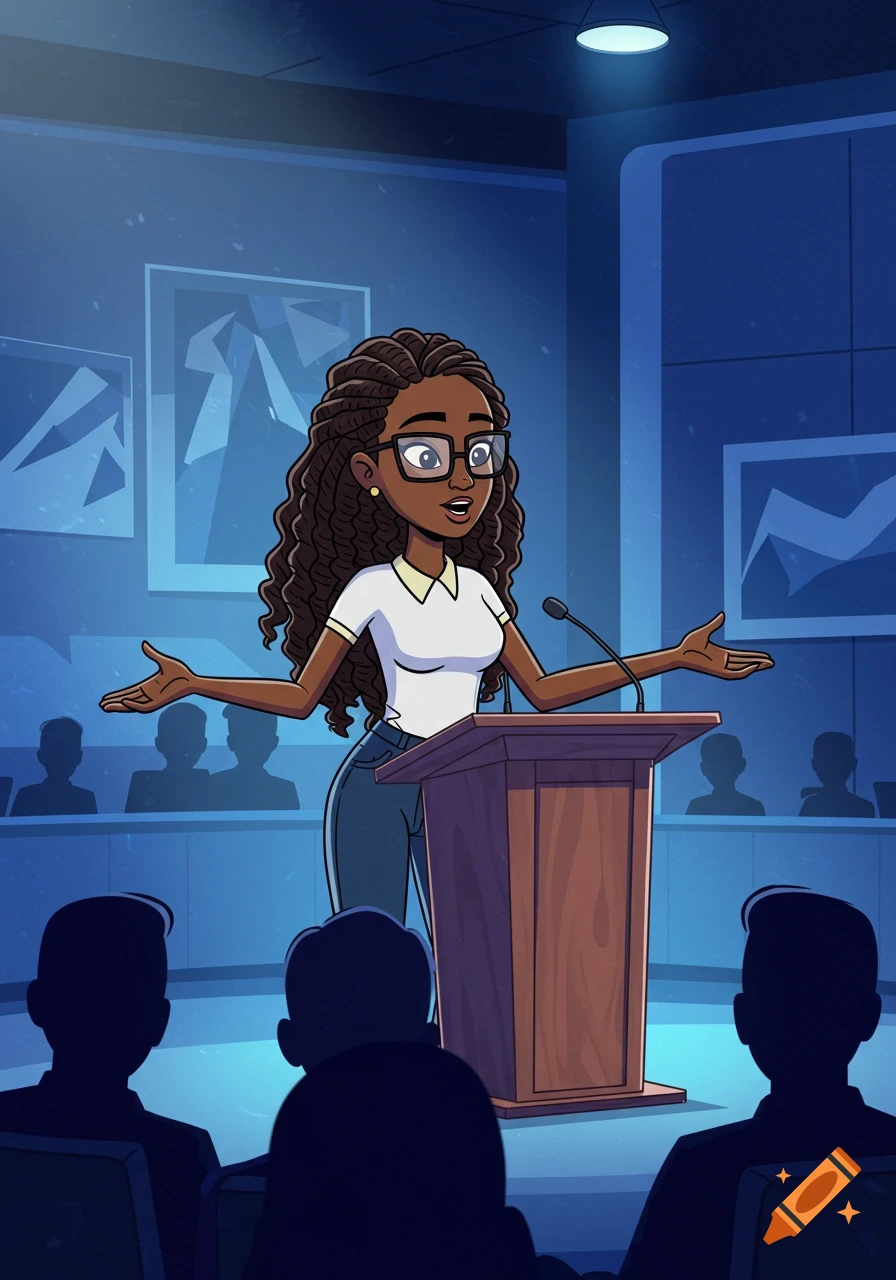 Vector cartoon of a Black woman with twist cornrows and glasses, speaking at a podium with open arms in a conference room.