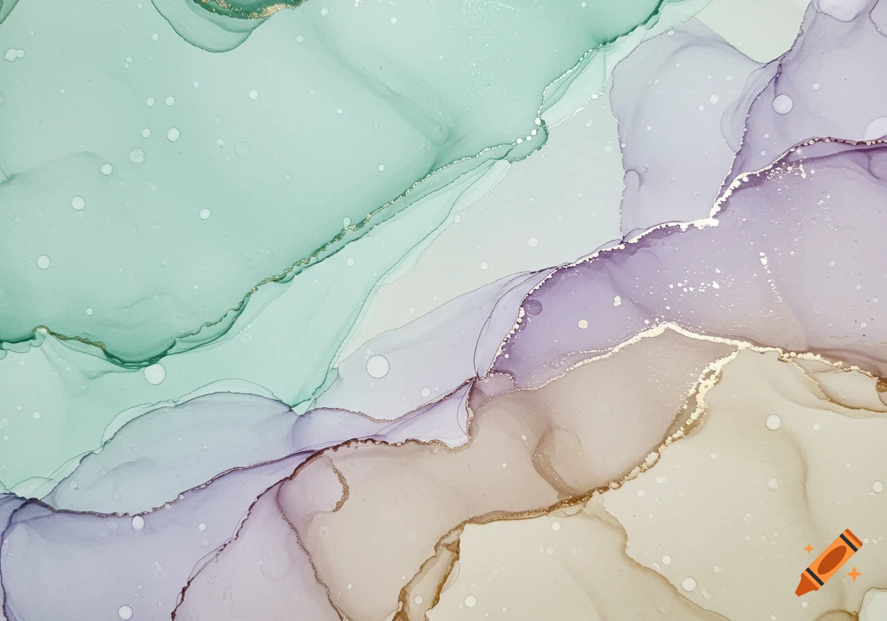 Abstract watercolor painting with flowing pastel green, purple, and brown tones, featuring shimmering gold lines and subtle white bubbles.