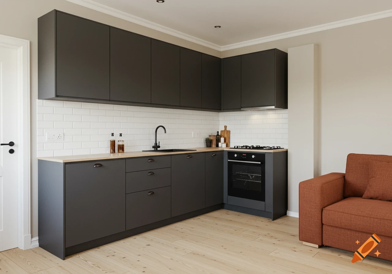 Modern open kitchen with dark grey cabinets, light wood counters, white subway tiles, and light wood flooring. Orange sofa visible.