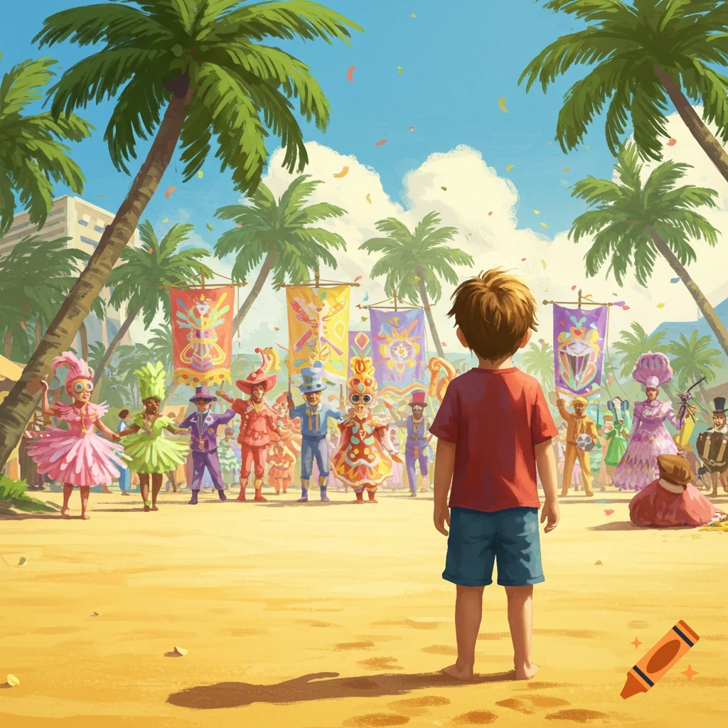 Illustrated scene of a boy watching a colorful carnival parade on a sunny beach with palm trees.