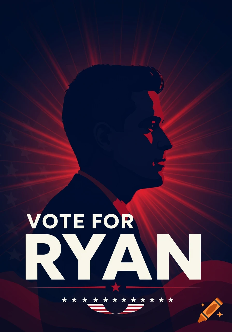 Stylized election poster in red and blue with a man's silhouette, text 'VOTE FOR RYAN' and patriotic symbols.