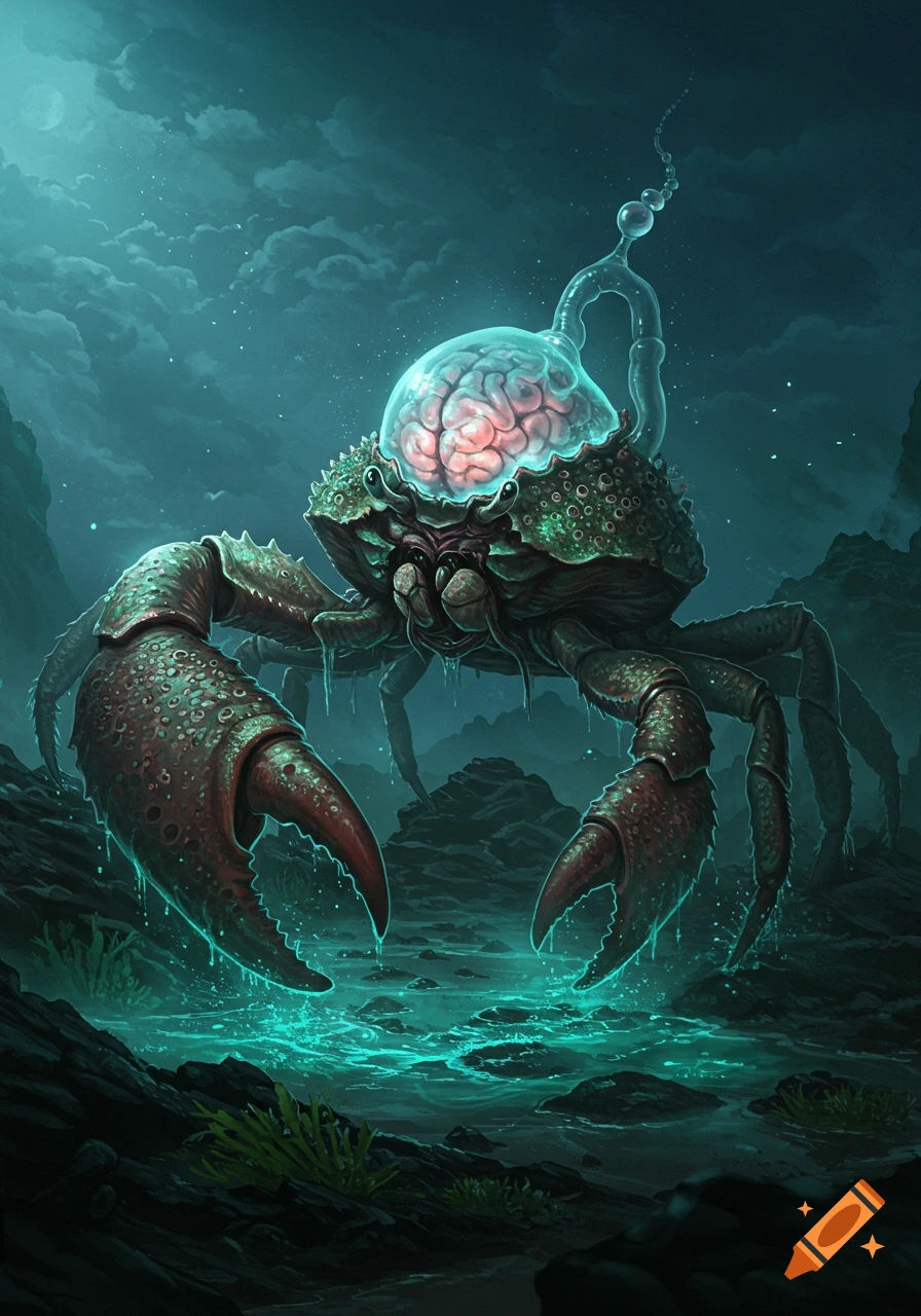Fantasy crab monster with exposed glowing brain on carapace, one giant claw, standing in bioluminescent water. Digital art.
