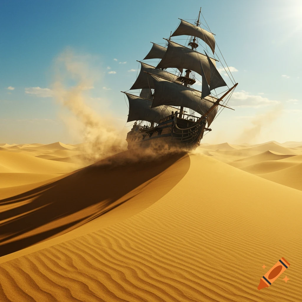 A majestic pirate ship sails across a vast desert of golden sand dunes, kicking up dust under a bright blue sky.