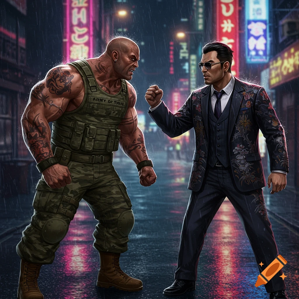 Two muscular men, one in military camo and one in a dark suit with floral embroidery, face off on a rainy, neon-lit city street at night in a comic book style.