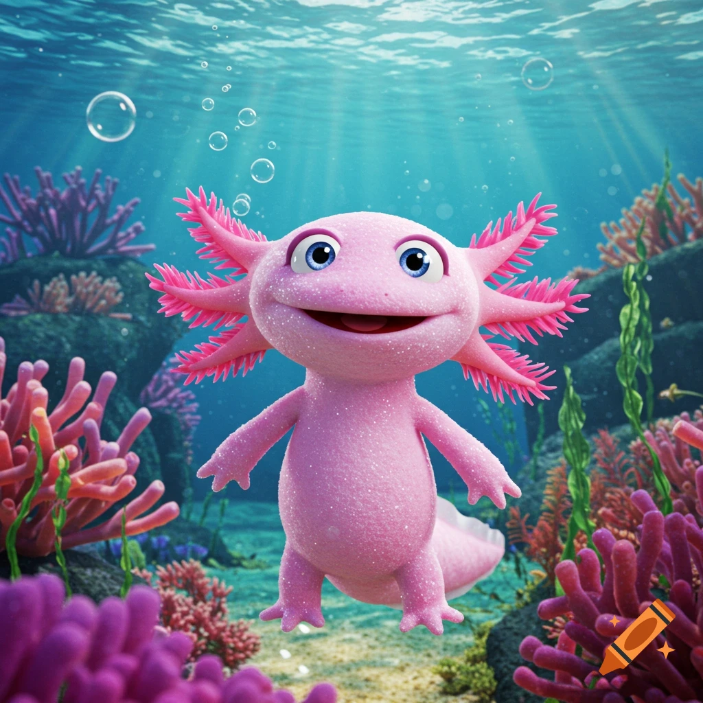 A smiling, pink, Muppet-style axolotl floats happily underwater amidst colorful coral and sea plants with sun rays shining from above.