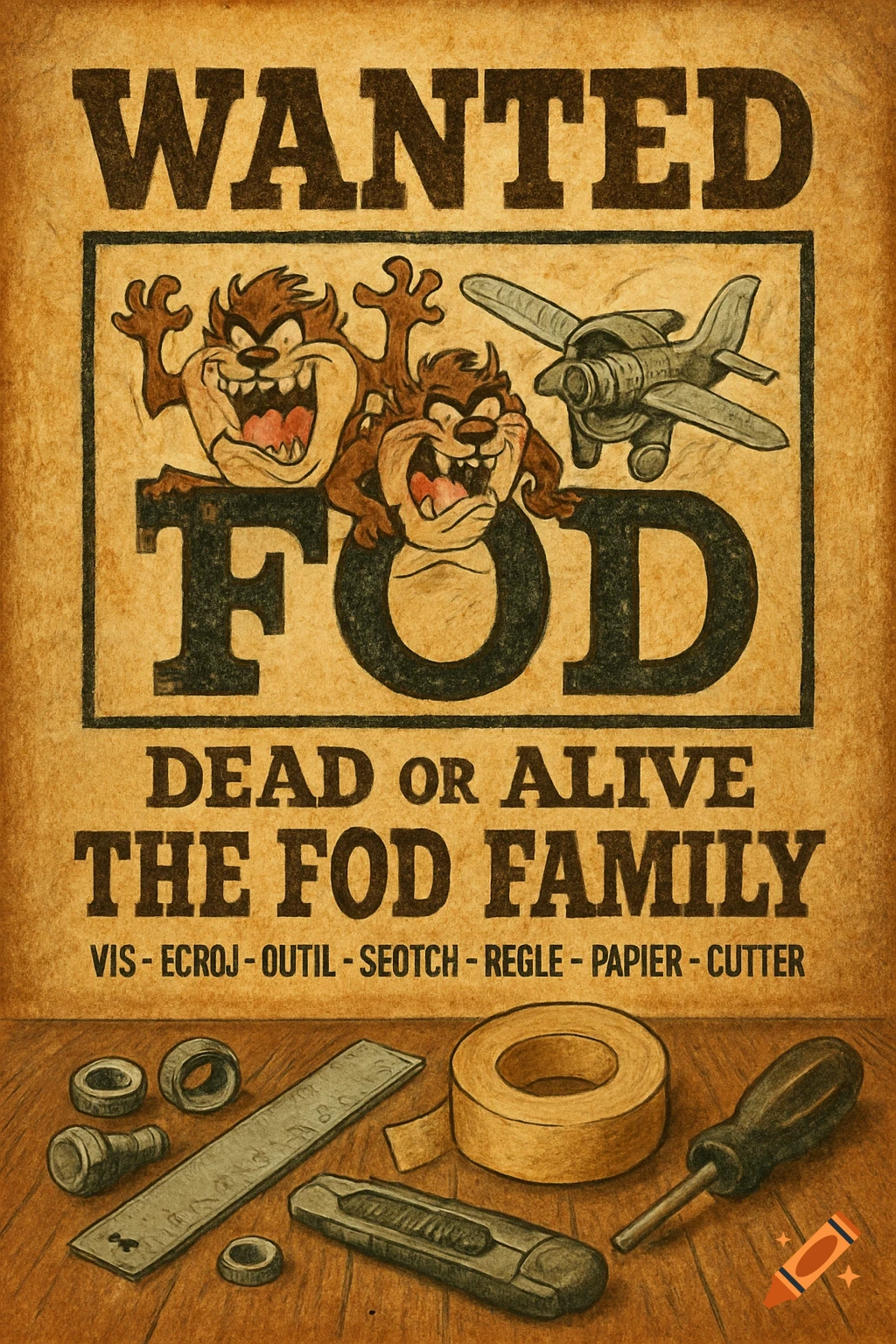 Vintage-style 'Wanted' poster featuring two aggressive, cartoon Tasmanian devil-like creatures, an airplane engine, and various tools, with text including 'FOD Family'.