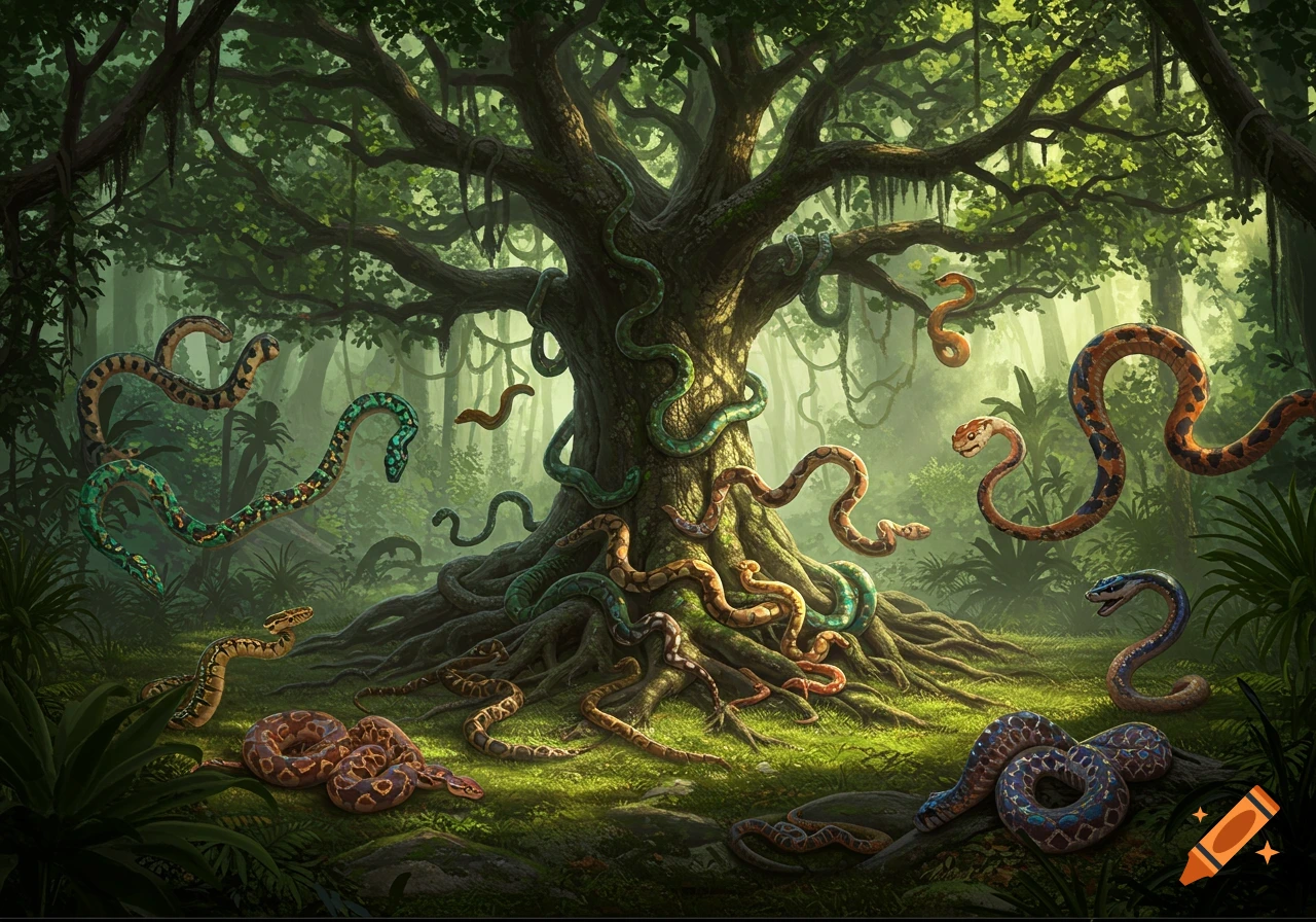 An illustrative jungle scene with a huge tree covered in many colorful snakes slithering on its trunk and mossy ground.