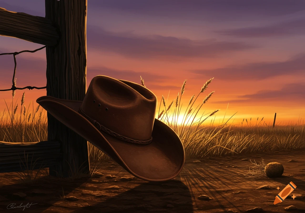 Illustrated cowboy hat leaning against a wooden fence post in a golden grassy field at sunset.