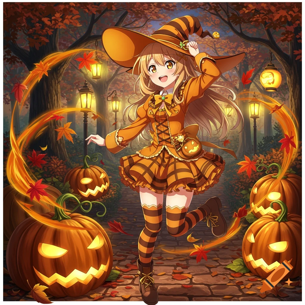 Anime witch girl in orange and black striped costume, surrounded by glowing jack-o'-lanterns and autumn leaves on a path.