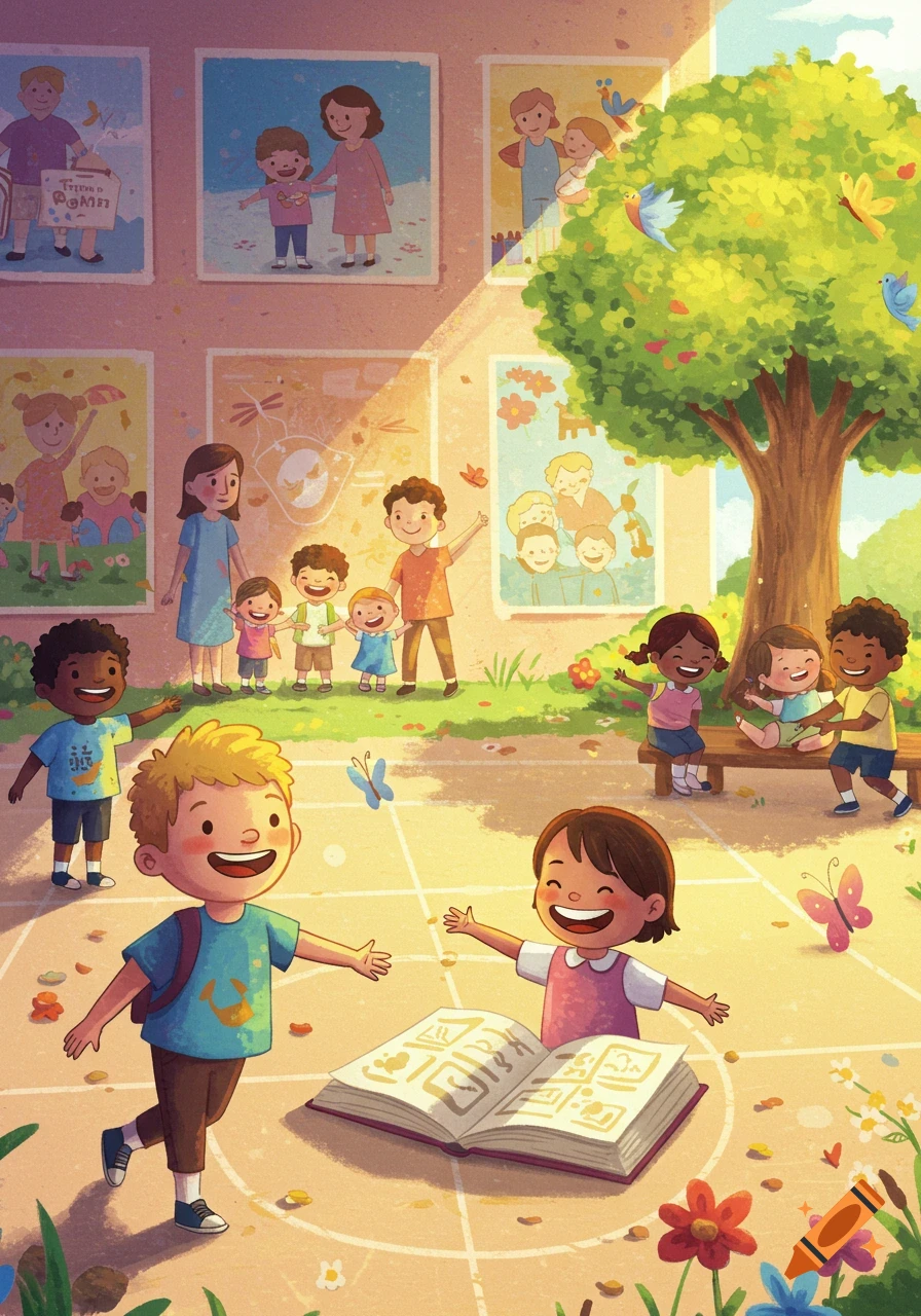 Colorful illustration of children playing outdoors with an adult, surrounded by trees, butterflies, and posters depicting children's rights. A large open book is on the ground.