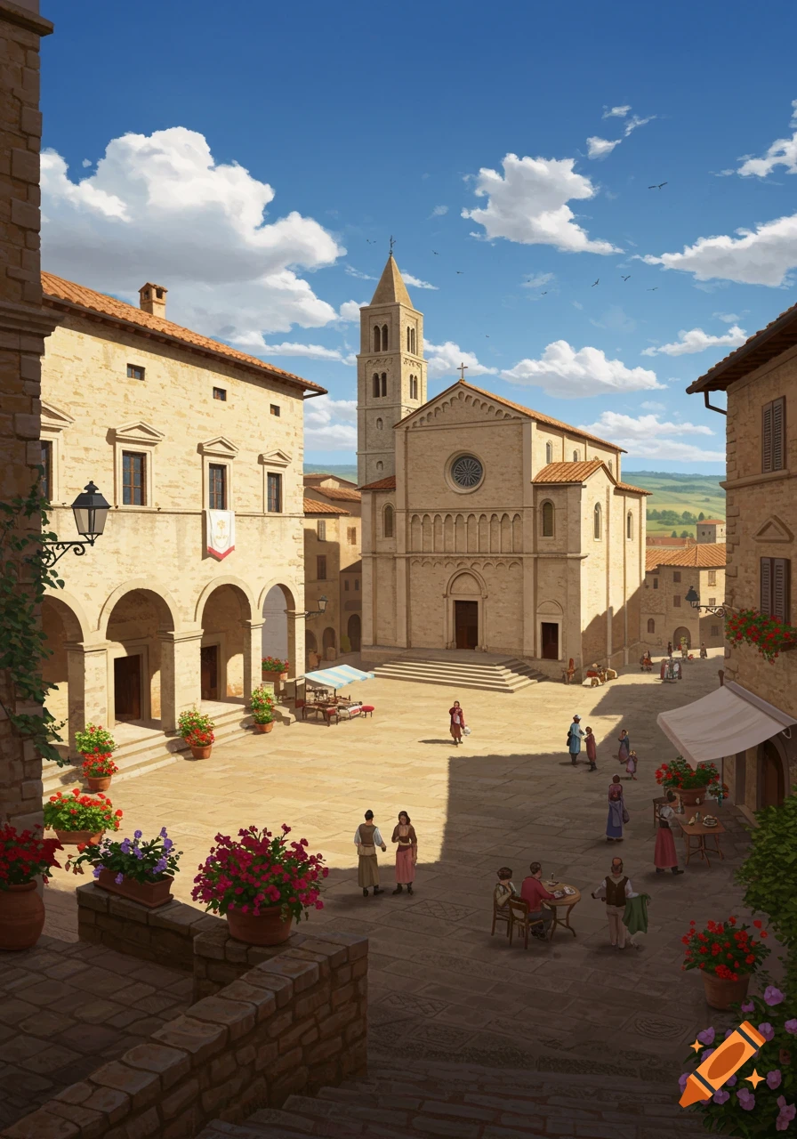 A detailed illustration of a sunny Italian town square with a large cathedral, bell tower, stone buildings, and small groups of people.