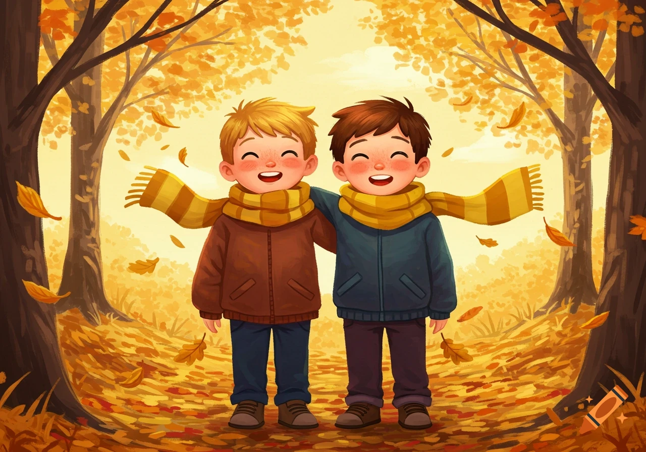 Two smiling cartoon boys in scarves and jackets embrace in a vibrant autumn forest with falling leaves.