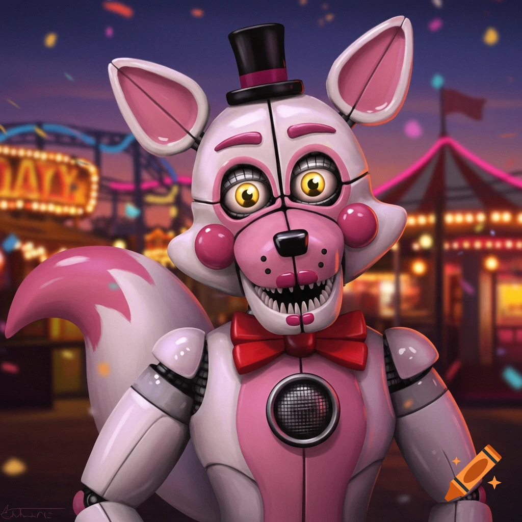 An animatronic fox character, Funtime Foxy, with pink and white fur, yellow eyes, and a top hat, stands in a brightly lit carnival.