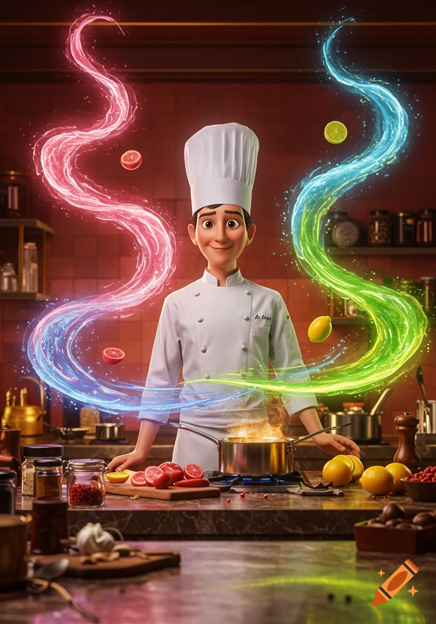 A cartoon chef in a kitchen, surrounded by swirling vibrant, ethereal waves of color representing different tastes. Surreal, animated style.