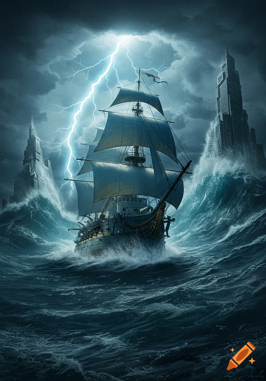 A fantasy man-o-war sailing ship battles a stormy sea with lightning and skyscraper waves.