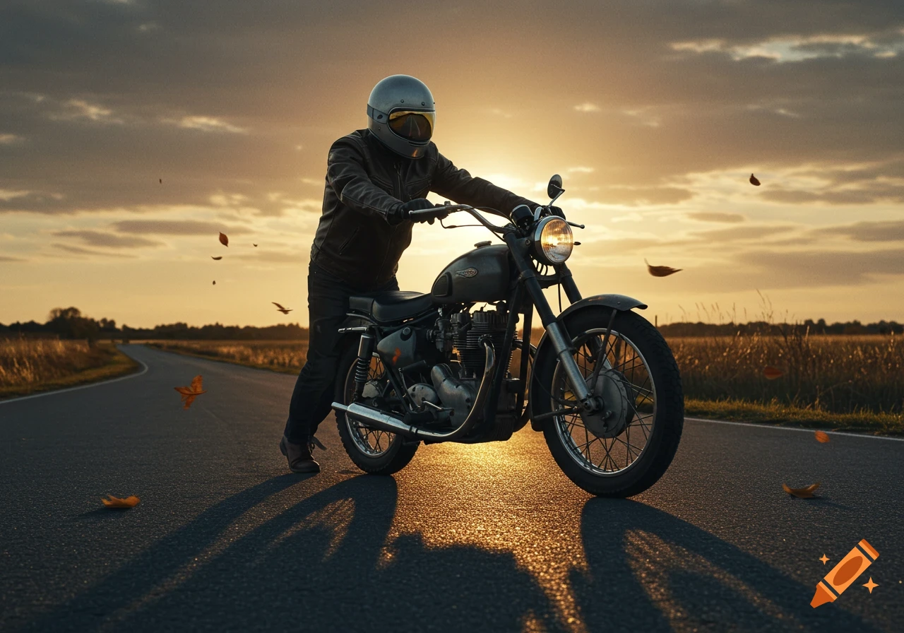 A man in a helmet and leather jacket pushes a vintage motorcycle on a rural road at sunset, with autumn leaves falling.