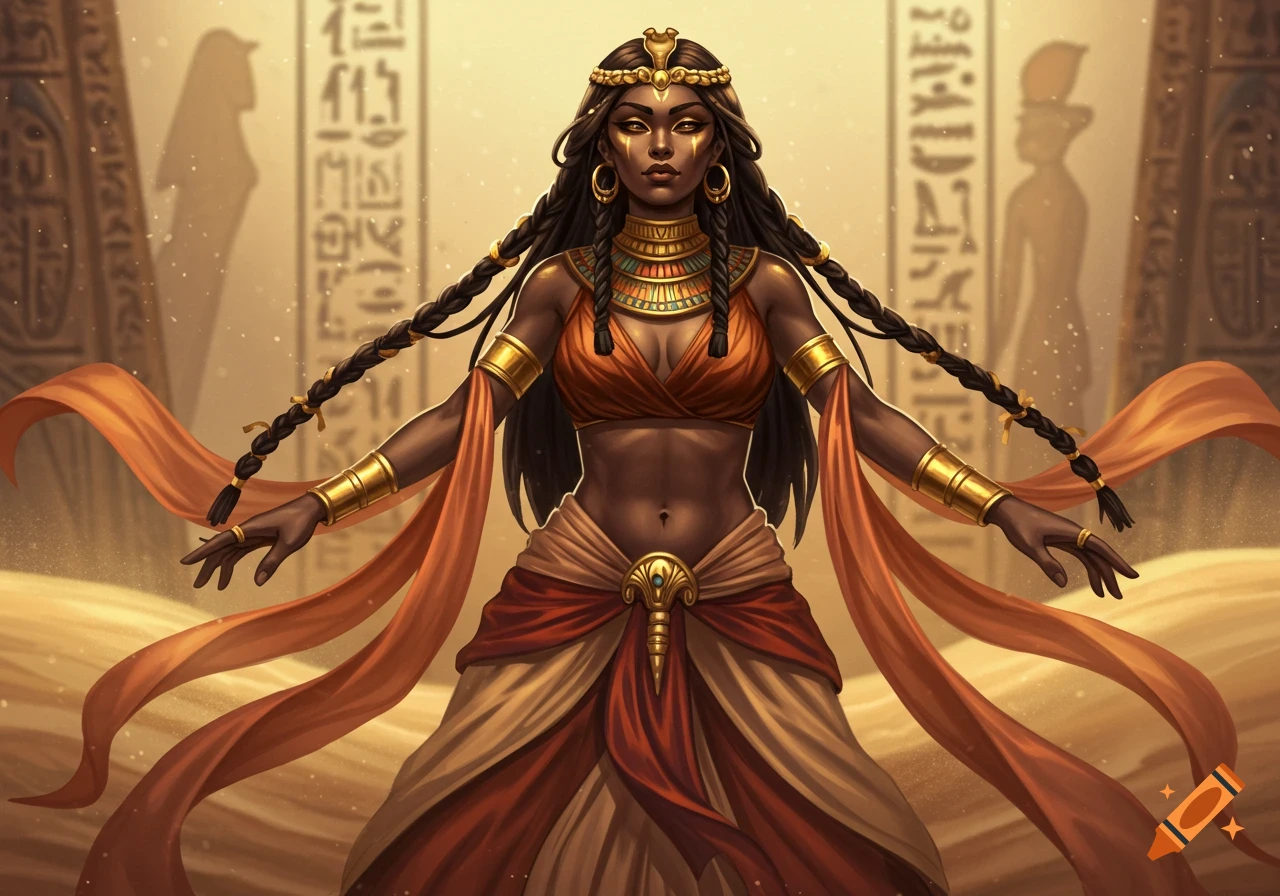 A powerful fantasy art illustration of an Egyptian-inspired queen with dark skin, elaborate gold jewelry, braids, and flowing robes, against a desert backdrop.
