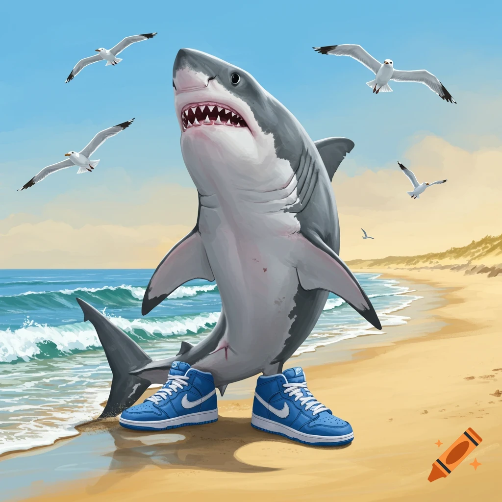 A cartoon shark wearing blue high-top sneakers stands on a sandy beach. Seagulls fly in a bright blue sky above the ocean.