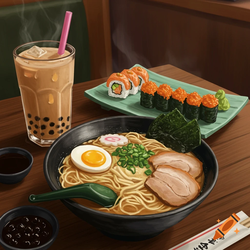 A vibrant illustration of a table with a bowl of ramen, various sushi rolls, and a glass of boba tea with a pink straw.