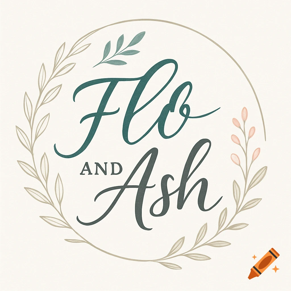 A logo for Flo and Ash in a teal and dark gray script font, encircled by a light brown floral wreath with green and pink leaves, on a cream background.