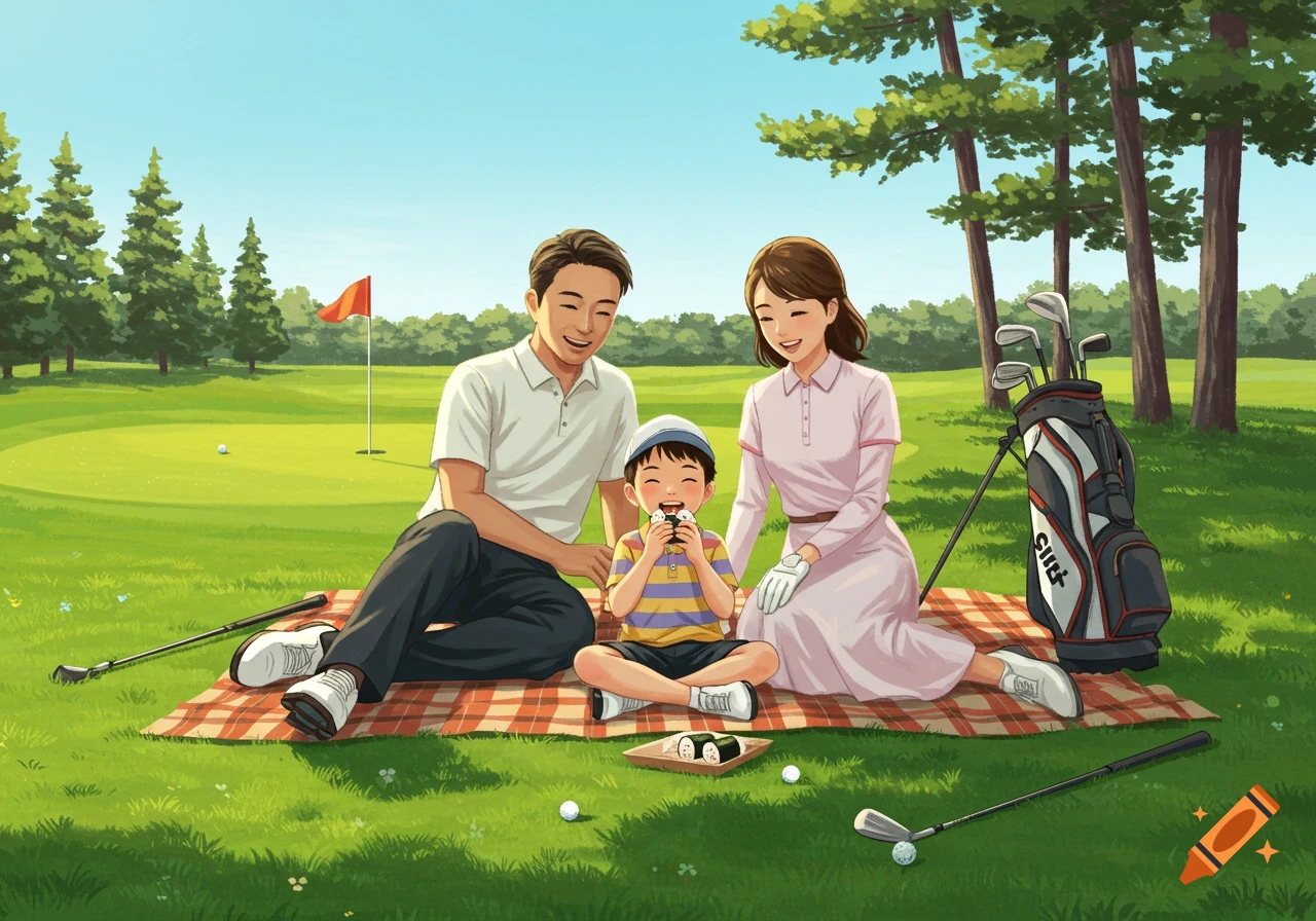 An illustration of a smiling family having a picnic on a golf course. The child eats an onigiri while sitting between his parents.