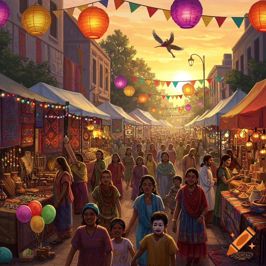 A vibrant, crowded street market at sunset, adorned with colorful lanterns and bunting. People walk between stalls laden with goods.