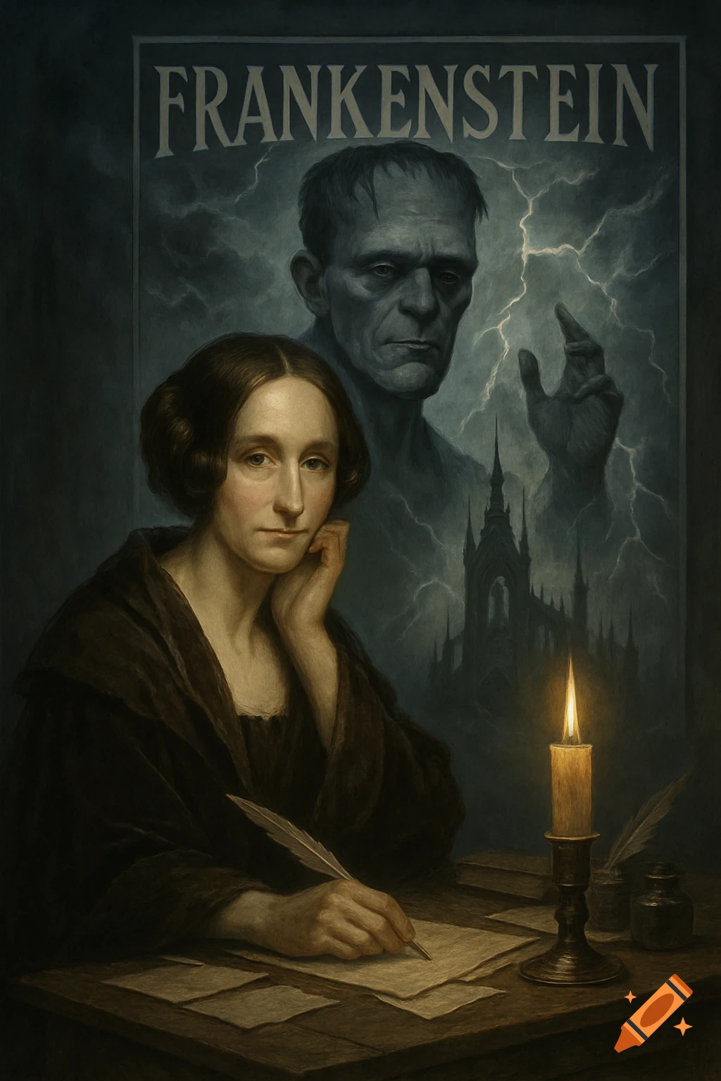 Painting of Mary Shelley writing, with a stormy Frankenstein book cover featuring the monster and a gothic castle behind her.