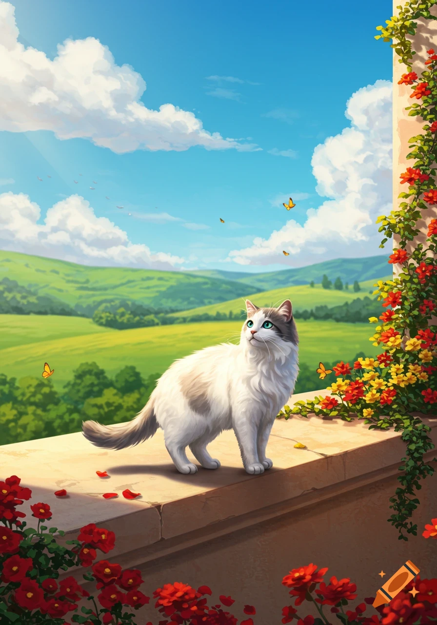 White and gray cat with blue eyes on a flower-covered stone balcony overlooking a green valley under a blue sky.