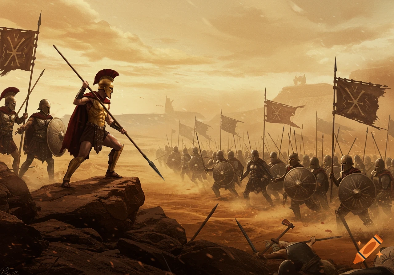Ancient warriors battle on a dusty, golden battlefield with a prominent soldier on a rock in the foreground, reminiscent of the movie 300.