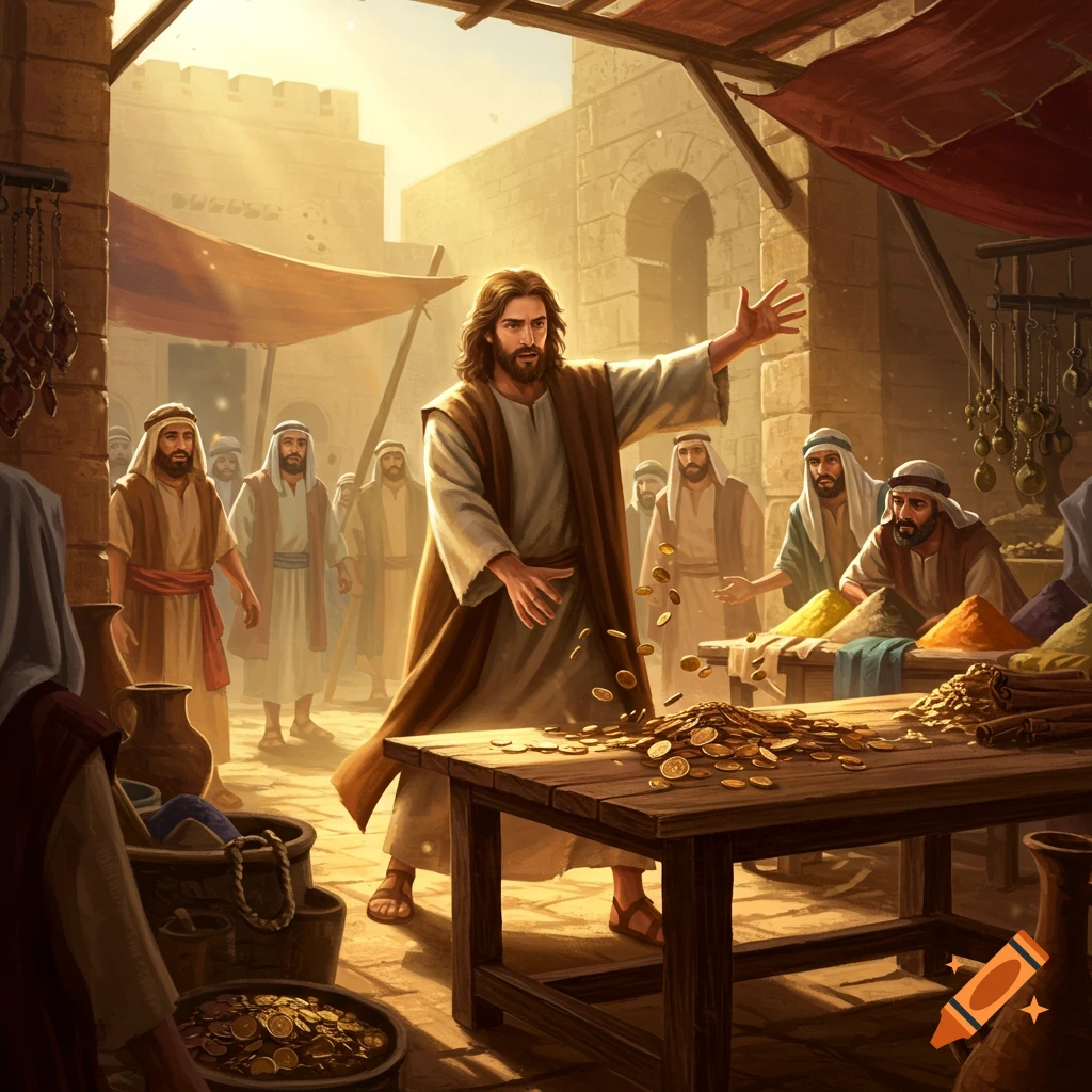 Jesus angrily scatters coins from a wooden table in a busy, sunlit marketplace, with onlookers. Realistic illustration.