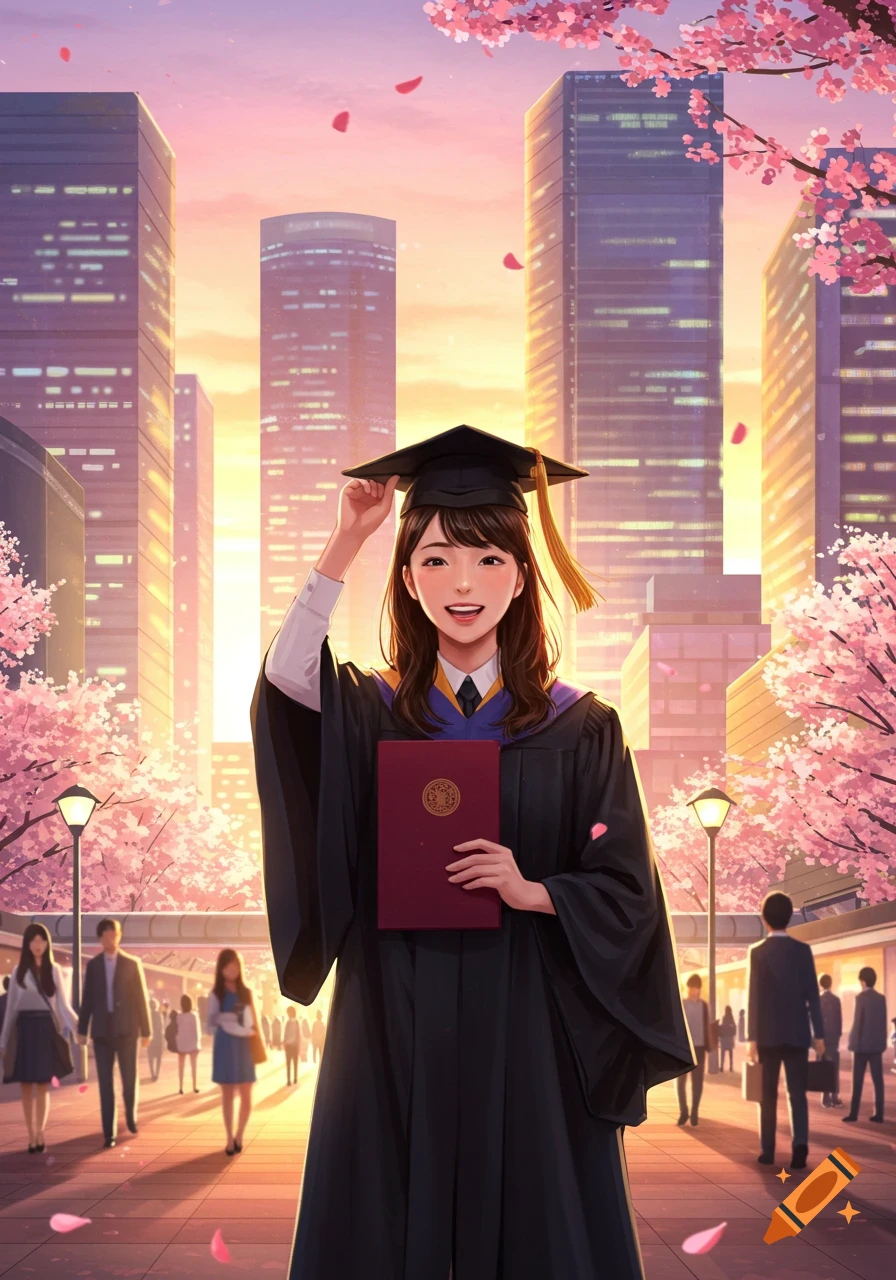 A smiling anime-style female college graduate in cap and gown holds a diploma in a cherry blossom-lined city street.