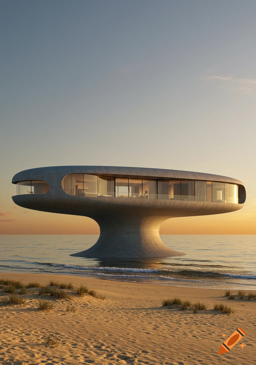 A futuristic, mushroom-shaped concrete house with large windows stands on a sandy beach at sunset, with the ocean behind it.