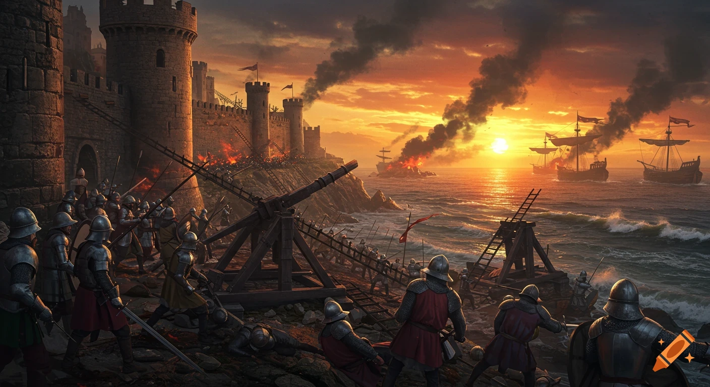 A dramatic medieval siege battle at sunset, with soldiers attacking a stone castle by the ocean, and burning ships on the water.