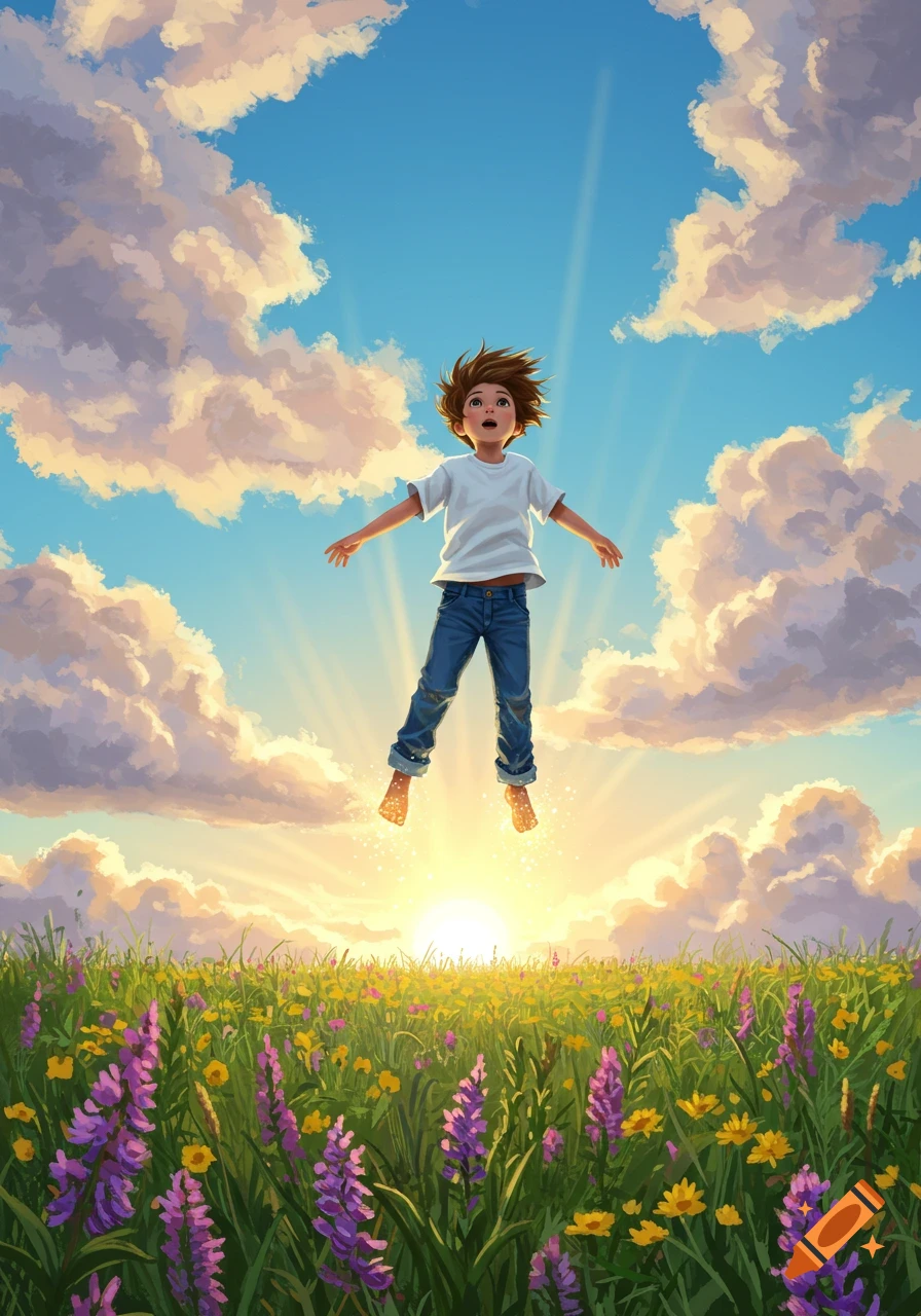 An illustrated young boy floats above a field of purple and yellow wildflowers, with the sun low on the horizon and clouds in a bright blue sky.