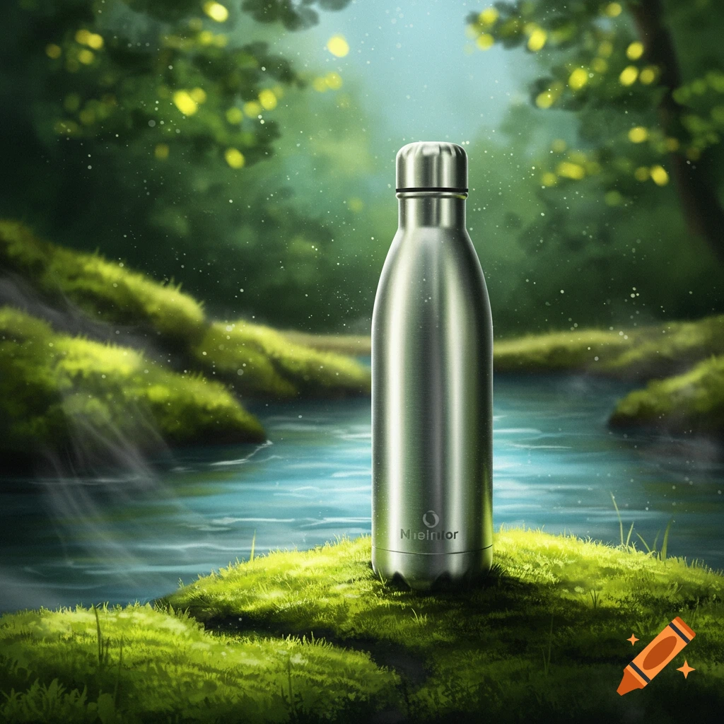 A stainless steel water bottle stands on mossy grass next to a river in a lush, green forest.