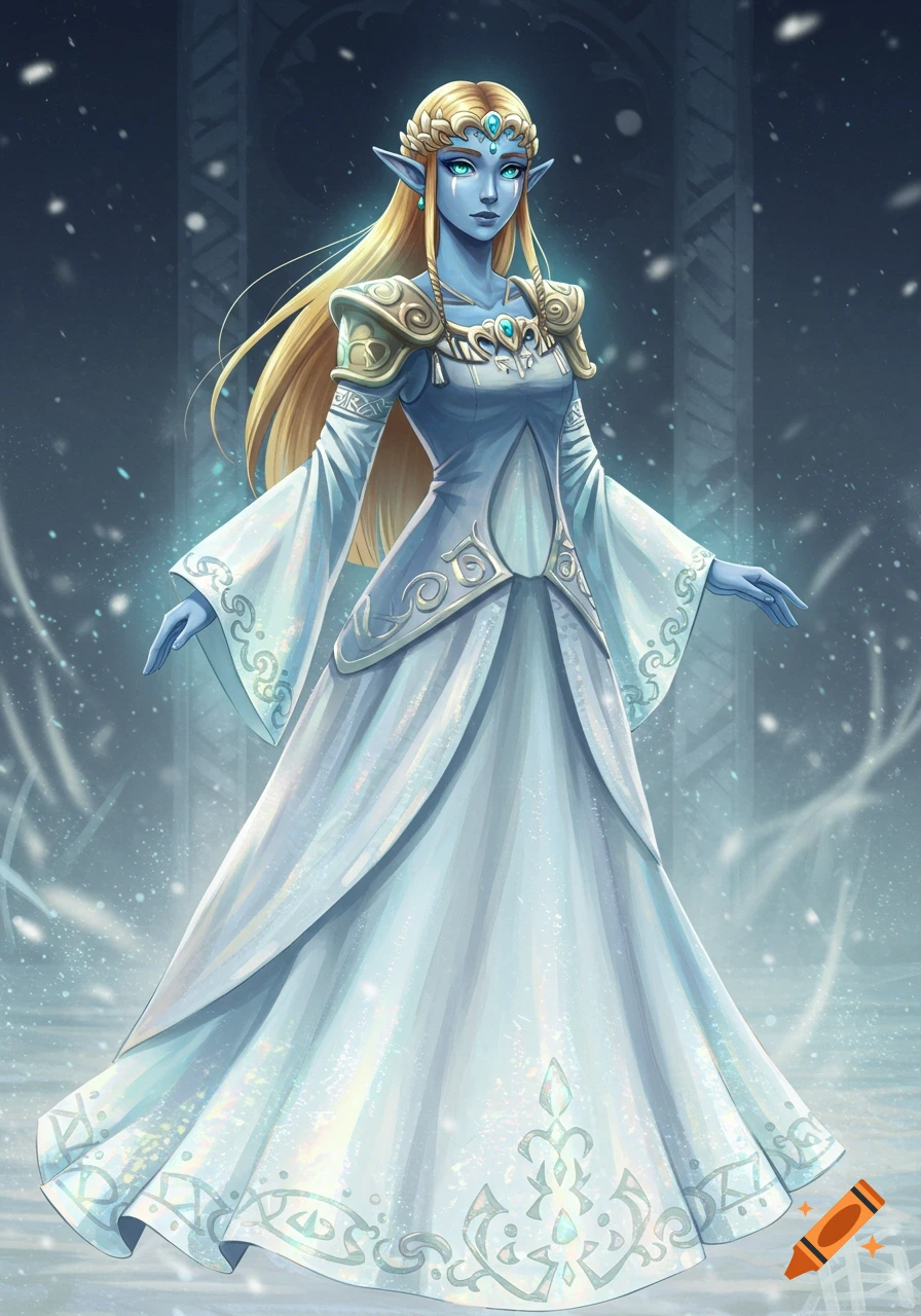A blue-skinned, blonde-haired elf-like woman in an ornate white and blue ceremonial dress with glowing hands, in a snowy setting.