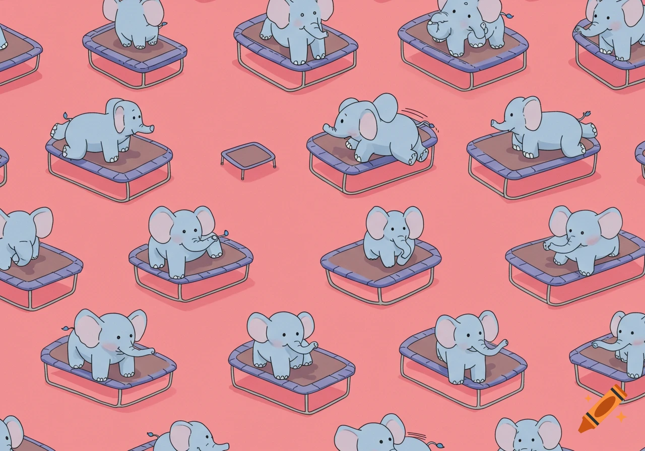 Repeating pattern of cute pastel blue elephants jumping on rectangular trampolines on a pink background, in a comic style.