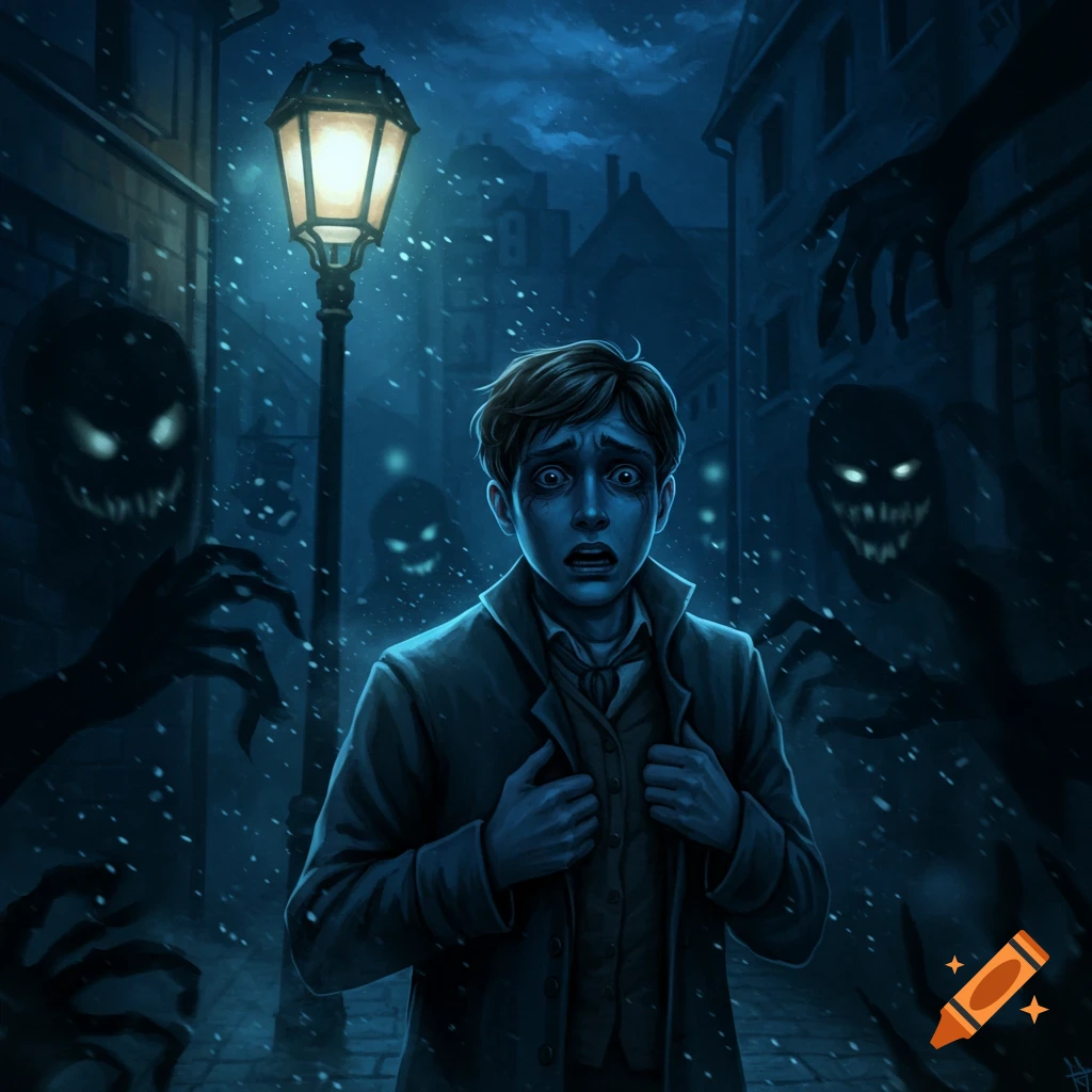 Terrified young man under a street lamp in a dark, snowy alley, surrounded by shadowy grinning monsters with glowing eyes, illustration.