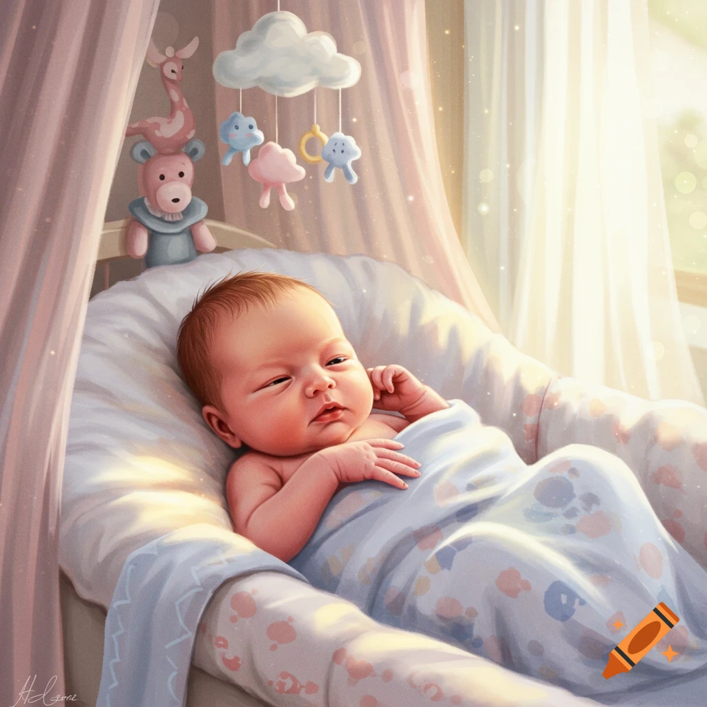Digital painting of a peaceful newborn baby swaddled in a bassinet with a mobile, bathed in warm sunlight.